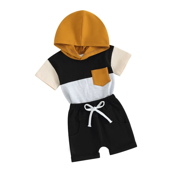 Arvbitana Toddler Baby Boy Summer Clothes Short Sleeve Contrast Color Hooded T-shirt + Elastic Waist Shorts 2Pcs Outfits 6M 12M 18M 24M 3T Infant Casual Short Pants Sets