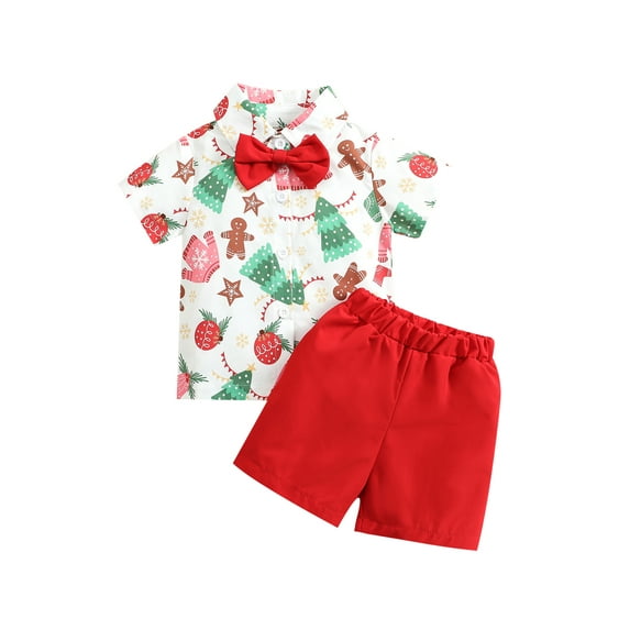 Arvbitana Toddler Baby Boys Christmas Gentleman Outfits Santa Tree Print Short Sleeve T-shirt with Bow Tie + Solid Color Shorts New Year Dressy Suit 3Pcs 6M-5T