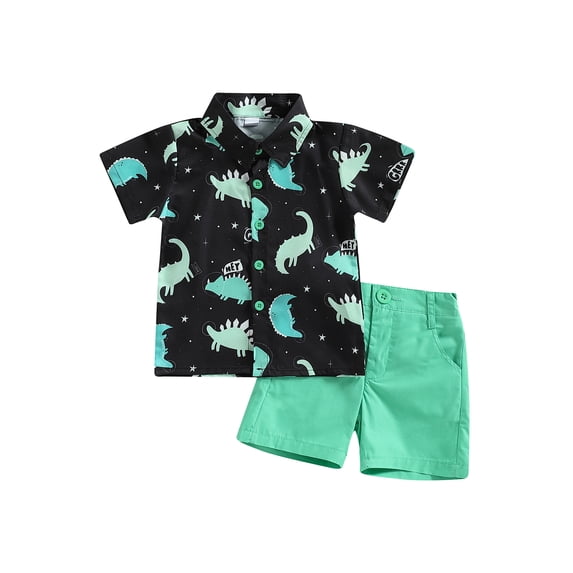 Arvbitana Toddler Baby Boys Gentleman Clothes Dinosaur Print Short Sleeve Lapel Shirts + Solid Color Shorts Summer Dressy Outfits for Child 2Pcs 12M-5T