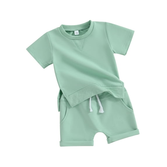 Arvbitana Toddler Baby Boys Shorts Set Short Sleeve Side Slit T-shirt + Elastic Waist Folded Hem Shorts 6M 12M 18M 24M 3T Infant Solid Color 2Pcs Outfits Summer Clothes