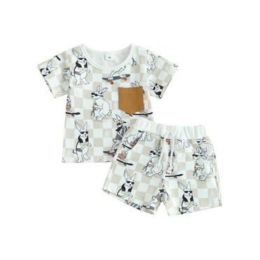 Arvbitana Toddler Baby Boys Summer Clothes Checkerboard Bunny Print Short Sleeve Front Pocket Tops   Elastic Shorts 2Pcs Outfits Infant Casual Short Pants Sets 0-3 Years