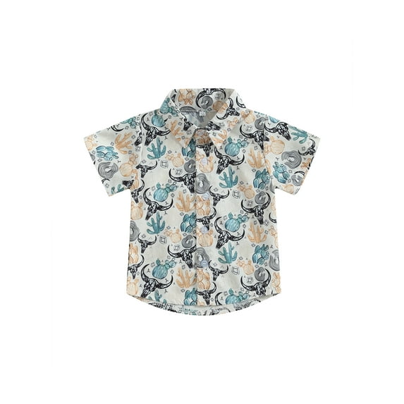 Arvbitana Toddler Baby Boys Summer T-Shirt Short Sleeve Lapel Western Elements Print Button Shirt Casual Tops 6M-4T