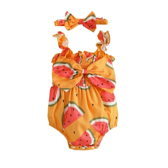 Arvbitana Toddler Baby Girl One Pieces Swimsuit Watermelon Print Sleeveless Romper Swimwear Summer Ruffle Bow Jumpsuit Bathing Suit + Headband Newborn Beachwear 2Pcs 0-18M