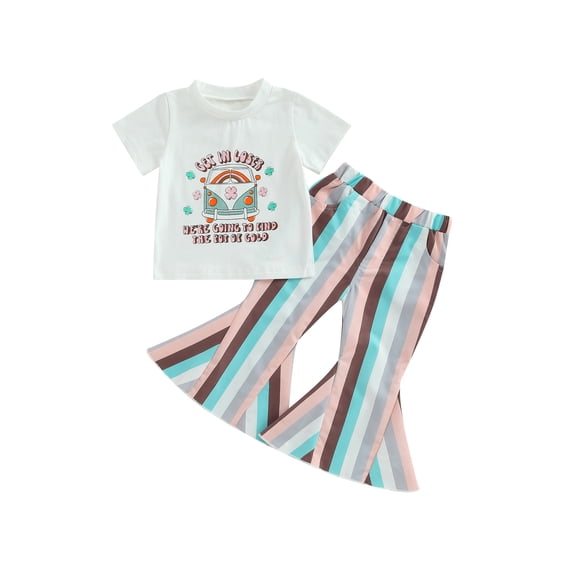 Arvbitana Toddler Baby Girls 2Pcs Summer Outfits Bus Letter Print Short Sleeve T-shirt + Striped Bell Bottoms Set Infant Casual Clothes 6M 12M 18M 24M 2T 3T 4T