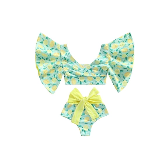 Arvbitana Toddler Baby Girls 2Pcs Tankini Swimsuit Sets Lemon / Starfish / Stripe Print Pagoda Sleeve Swim Tops + High Waist Shorts Summer Swimwear Clothing 12M-6T