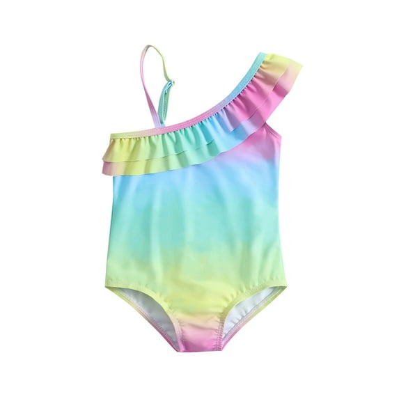 Arvbitana Toddler Baby Girls Romper Swimwear Set Sleeveless One Shoulder Ruffle Tie Dye Bathing Suit Summer Sweet Rainbow Gradient Swimsuit Kids Beach Wear Sunsuit 3M-3T