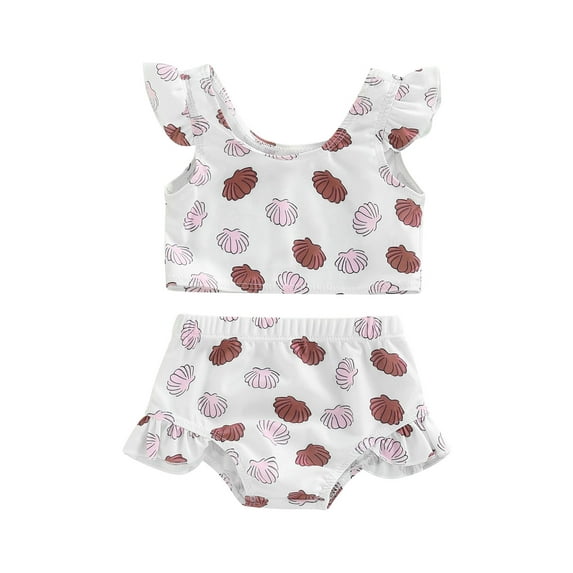 Arvbitana Toddler Baby Girls Swimwear Fly Sleeve Round Neck Shell Plaid Pattern Tops + Matching Shorts Sweet Bathing Suit Holiday Beachwear 2Pcs 9M-4T