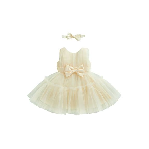 Arvbitana Toddler Baby Girls Tulle Dress Sleeveless Solid Color Ruffled Mesh Bowknot Layered Dresses + Headband Princess Outfits for Daily Party Wedding Birthday 2Pcs 6M-5T