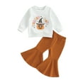 thumbnail image 1 of Arvbitana Toddler Girls Halloween Casual Outfit Set Baby Long Sleeve Pumpkin Print Sweatshirt Tops +  Solid Color Elastic Flare Pants Kids 2-Piece Outfits 6M-4T, 1 of 9