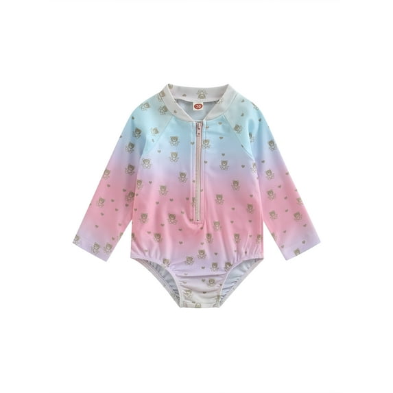Arvbitana Toddler Girls Rashguard Long Sleeve Baby One-Piece Swimsuit Summer Zipper Gradient Color Swimwear Sizes 12M-5T
