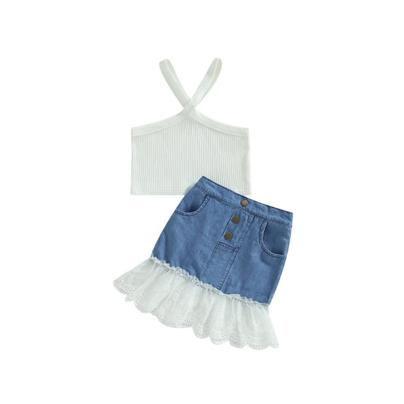 Arvbitana Toddler Girls Summer Casual Dress Set Little Girl Sleeveless Sling Camisole Tops + Lace Hem Denim Mini Skirt Big Girl 2-Piece Outfits 3T-8T