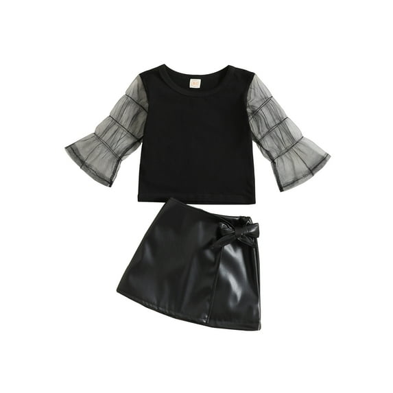 Arvbitana Toddler Girls Summer Clothes Sets 6M 12M 18M 24M 3T 4T Baby Mesh Flare Long Sleeve Tops + PU Leather Mini Skirts Toddler Fashion Outfits