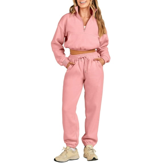 Arvbitana Women 2 Piece Tracksuits Solid Color 1/2 Zipper Cropped Sweatshirt Pullover and Drawstring Sweatpants for Activewear Streetwear