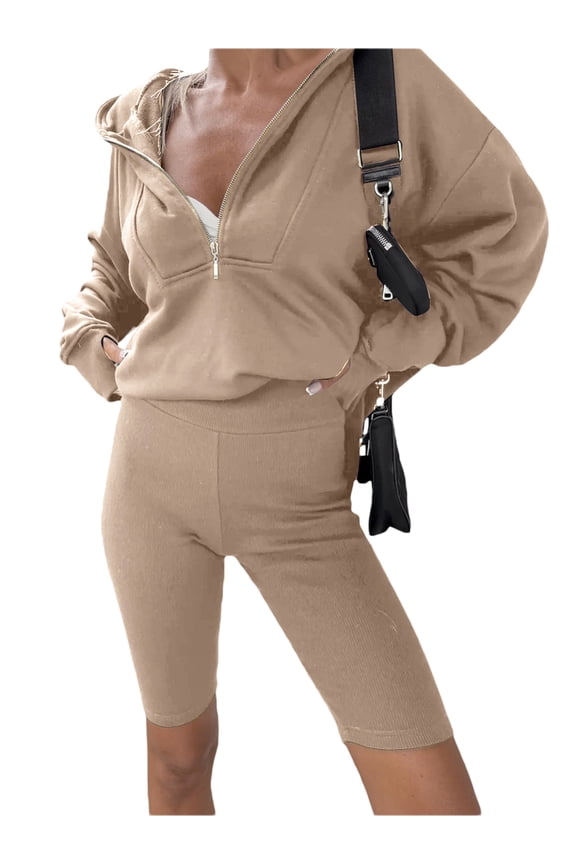 Women 2Pcs Gym Clothes Solid Color Long Sleeve Zipper Loose Hoodies Sweatshirts + High Waist Skinny Shorts Sets Casual Daily Clothes