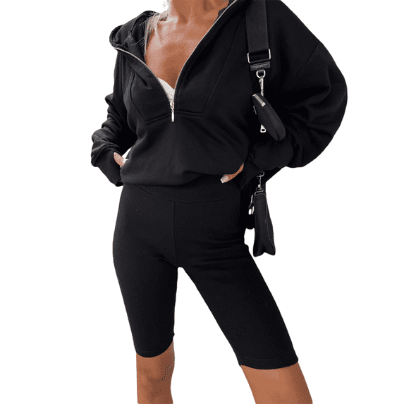 Arvbitana Women 2Pcs Gym Clothes Solid Color Long Sleeve Zipper Loose Hoodies Sweatshirts + High Waist Skinny Shorts Sets Casual Daily Clothes