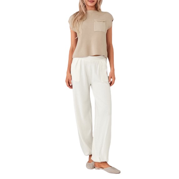 Arvbitana Women 2Pcs Knit Outfits Short Sleeve Crew Neck T-shirt with Pocket + Solid Color Long Pants Sets Daily Loungewear Streetwear Clothes