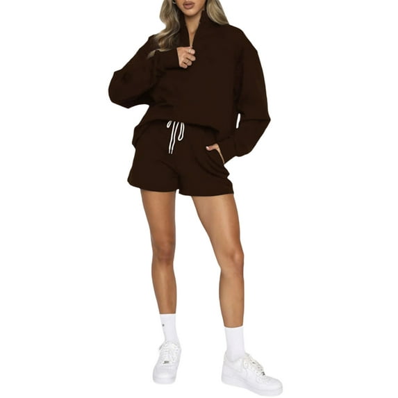 Arvbitana Women Arvbitana Women 2Pcs Jogging Outfits Solid Color Long Sleeve Stand Collar Half Zip Sweatshirt and Drawstring Shorts Set Loungewear
