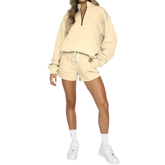 Arvbitana Women Arvbitana Women 2Pcs Jogging Outfits Solid Color Long Sleeve Stand Collar Half Zip Sweatshirt and Drawstring Shorts Set Loungewear