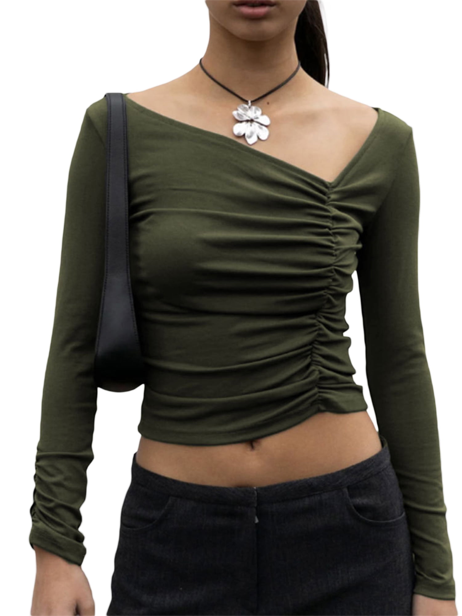 Arvbitana Women Basic Crop Tops Solid Color V-neck Asymmetrical Long ...