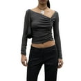 thumbnail image 1 of Arvbitana Women Basic Crop Tops Solid Color V-neck Asymmetrical Long Sleeve Shirt Slim Fit Ruched Pullover Tops Casual Clothes Streetwear, 1 of 6
