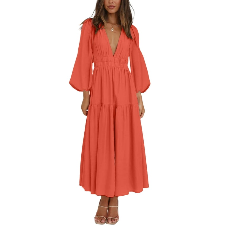 Bell Sleeve Solid Color V Neck Vacation Dresses Bell Sleeve Solid Color V Neck Vacation Dresses