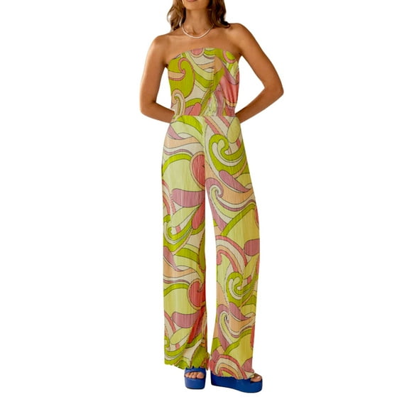Arvbitana Women Boho Jumpsuit Floral Print Sleeveless Off-shoulder Playsuit Summer Casual Wide Leg Overalls Sexy Tube Tops Romper Slimming One Pieces Outfits Clubwear