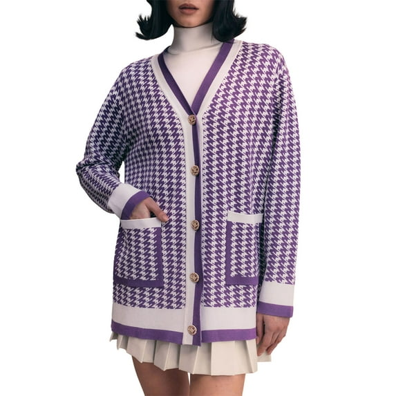 Arvbitana Women Button up Sweaters Casual Houndstooth Print Knitted Cardigans Warm Fall Knitwear Jacket Cozy Coat for Streetwear