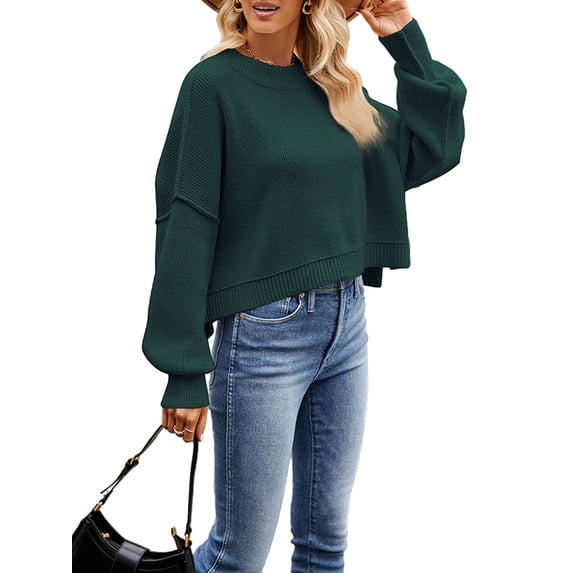 Arvbitana Women Casual Loose Knit Sweater Long Sleeve Crew Neck Solid Color Pullover Warm Sweatshirt Cropped Tops for Fall Winter