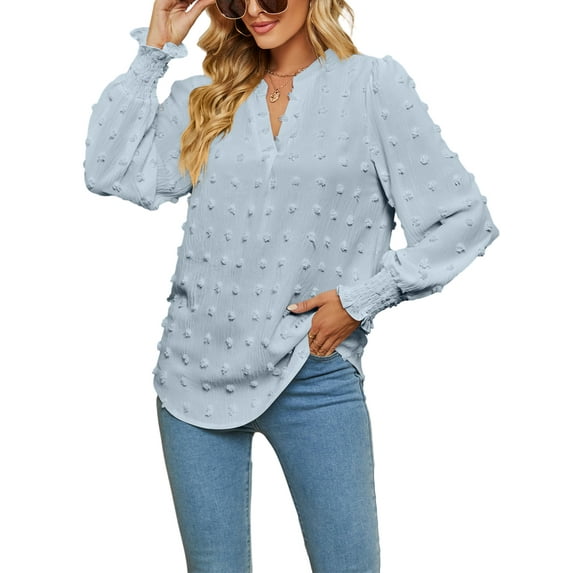 Arvbitana Women Casual Shirt V-neck Swiss Dot Long Puff Sleeve T-shirt Solid Color Blouses Loose Fit Tops Streetwear Spring Fall Clothes for Daily