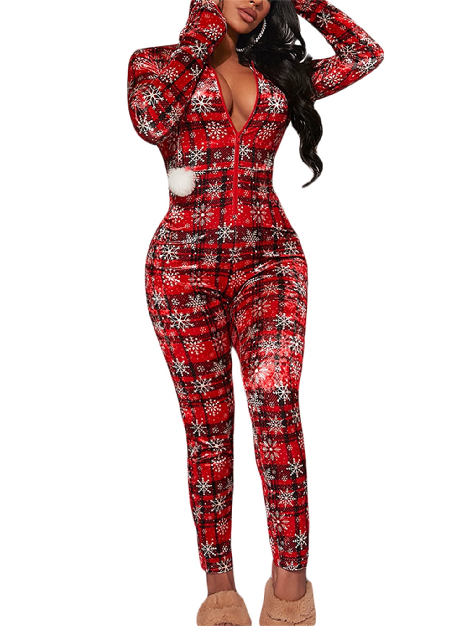 Arvbitana Women Christmas Jumpsuits Snowflake Plaid Print Deep VNeck