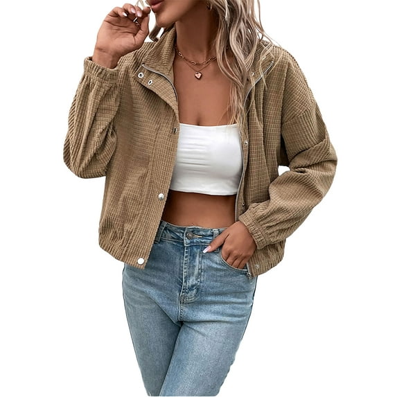 Arvbitana Women Corduroy Jacket Long Sleeve Zipper Coat Solid Color Fall Cardigan Fleece Cropped Tops for Casual Daily