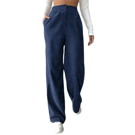 Arvbitana Women Corduroy Wide Leg Pants High Waist Button Zipper Closure Solid Color Straight Trousers with Pockets for Casual Daily
