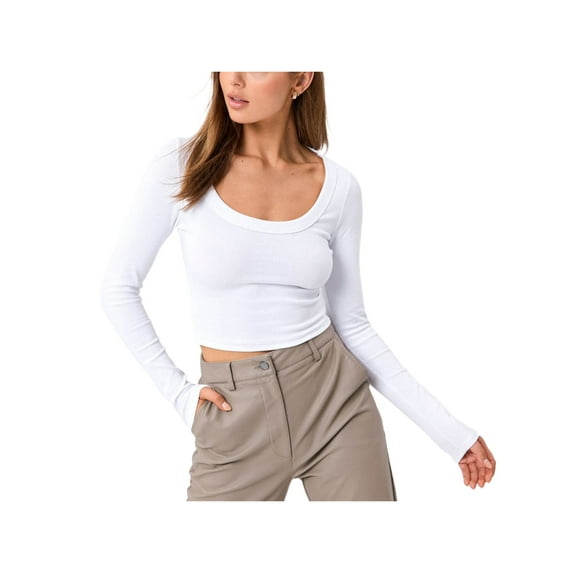 Arvbitana Women Crop Top Square Neck Ribbed Long Sleeve Casual Slim Fit Basic Shirt Solid Color Knit