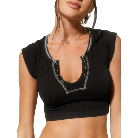 Arvbitana Women Crop Tops T-Shirts Casual Solid Color Short Sleeve V Neck Tops Basic Slim Fit Tops Streetwear
