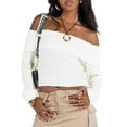 thumbnail image 1 of Arvbitana Women Cropped Off-Shoulder Sweater Solid Color Knitwear Pullover Cute Soft Long Sleeve Sweatshirt Slim Fit Tops Fall Warm Streetwear, 1 of 7