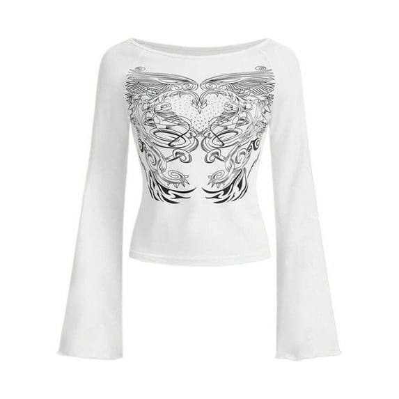 Arvbitana Women Cropped T-shirt Long Sleeve Pullover Crew Neck Wings Print Slim Fit Ladies Tops Streetwear Clubwear Clothes