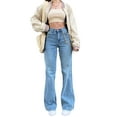 thumbnail image 1 of Arvbitana Women Denim Flared Pants High Waist Solid Color Stretchy Jeans Vintage Relaxed Fit Cargo Trousers Streetwear with Pockets, 1 of 6