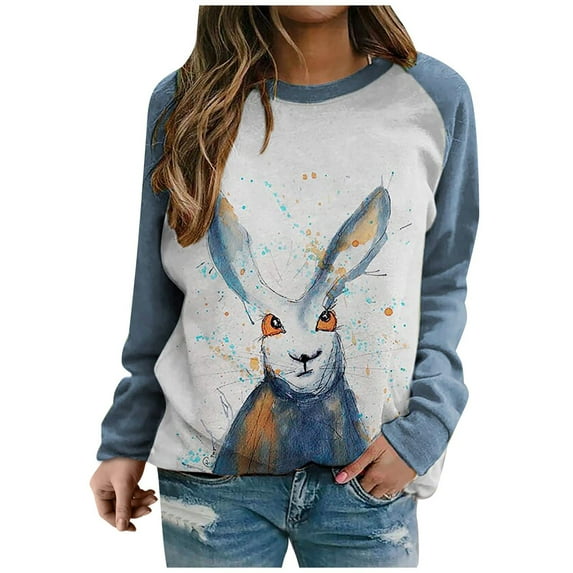 Arvbitana Women Easter Sweatshirts Cartoon Rabbit Print Long Sleeve Hoodies Spring Autumn Casual Pullover Tops Lightweight Basic Tee