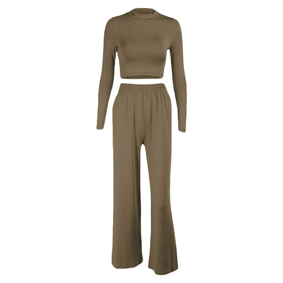 Arvbitana Women Fall Pants Outfits Solid Color Mock Neck Long Sleeve Crop Tops with Wide-Leg Long Pants 2 Pieces Slim Fit Cozy Clothes Set for Yoga Loungewear