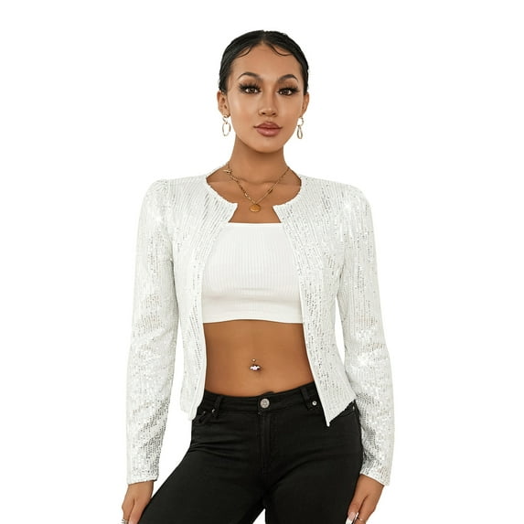 Arvbitana Women Jacket Long Sleeve Cardigan Open Front Sequined Fall Ladies Cropped Tops Coat for Club Party