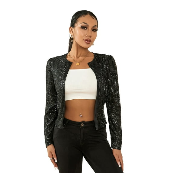Arvbitana Women Jacket Long Sleeve Cardigan Open Front Sequined Fall Ladies Cropped Tops Coat for Club Party