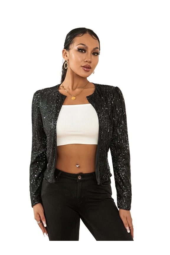 Women Jacket Long Sleeve Cardigan Open Front Sequined Fall Ladies Cropped Tops Coat for Club Party