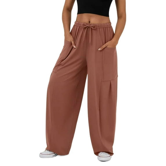 Arvbitana Women Juniors Baggy Pants Solid Color Elastic Band Waist Wide Leg Pants Casual Multiple Pockets Jogger Pants Loose Trousers