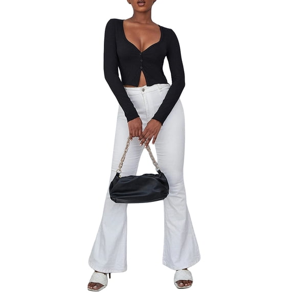 Arvbitana Women Knit Short Tops Solid Color V-Neck Buttons Long Sleeve T-Shirts Spring Fall Casual Slim Fit Shirts Cropped Pullover Streetwear