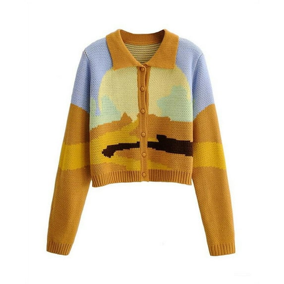 Arvbitana Women Knitted Cardigans Long Sleeve Lapel Single-breasted Sweater Spring Fall Casual Contrast Color Knitwear