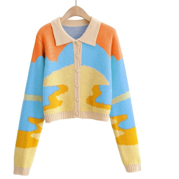 Arvbitana Women Knitted Cardigans Long Sleeve Lapel Single-breasted Sweater Spring Fall Casual Contrast Color Knitwear