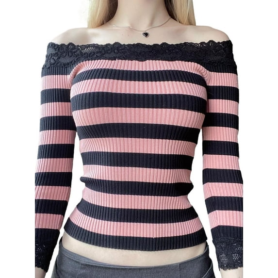 Arvbitana Women Long Sleeve Shirt Striped Tee Lace Off-Shoulder Tops Casual Pullover for Fall Club Streetwear Aesthetic Clothes