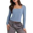 thumbnail image 1 of Arvbitana Women Long Sleeve T-shirt Solid Color Square Neck Tops Slim Fit Streetwear Spring Fall Casual Clothes, 1 of 8