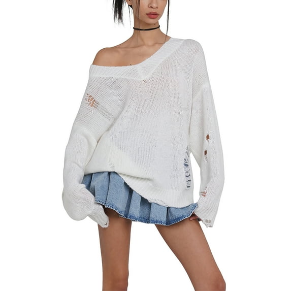 Arvbitana Women Loose Knit Sweater Solid Color Long Sleeve Ripped Pullovers Teen Girls V-neck Off Shoulder Knitwear Tops Streetwear