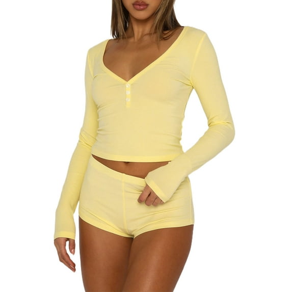 Arvbitana Women Loungewear Set Solid Color V-neck Long Sleeve Buttons Crop Tops and Shorts 2Pcs Pajam Outfits Slim Sleepwear Cual Clothes